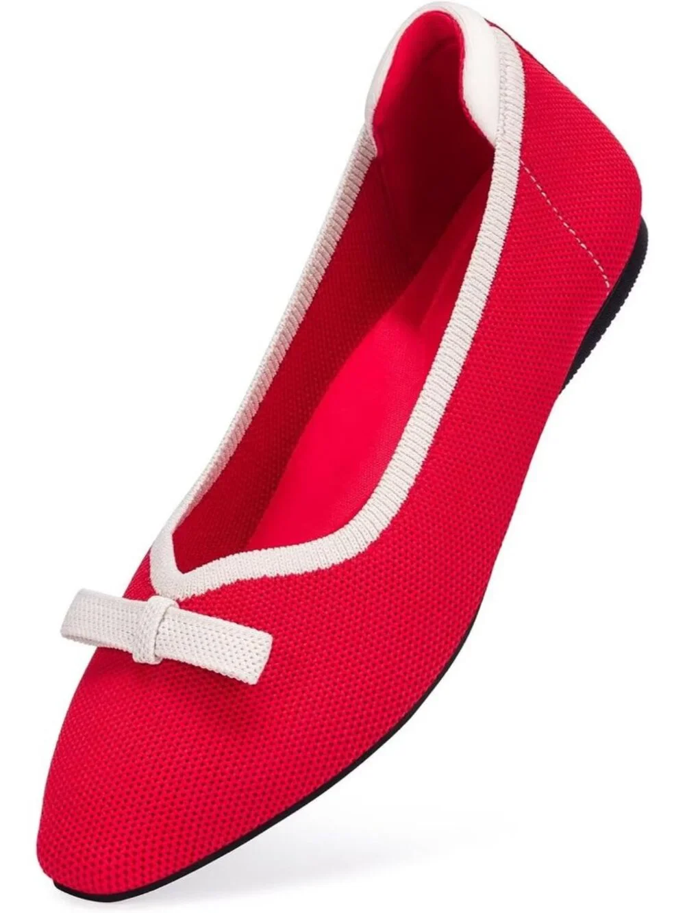 Frank Mully Women's Red White Rubber Knit Squared Toe Bow Slip On Ballet Flats